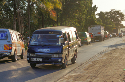 Small buses and trucks on a street with palm trees