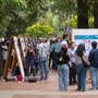 People explaining research findings on poster boards to a crowd