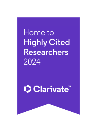 Purple ribbon with text "home to highly cited researchers 2024, Clarivate"