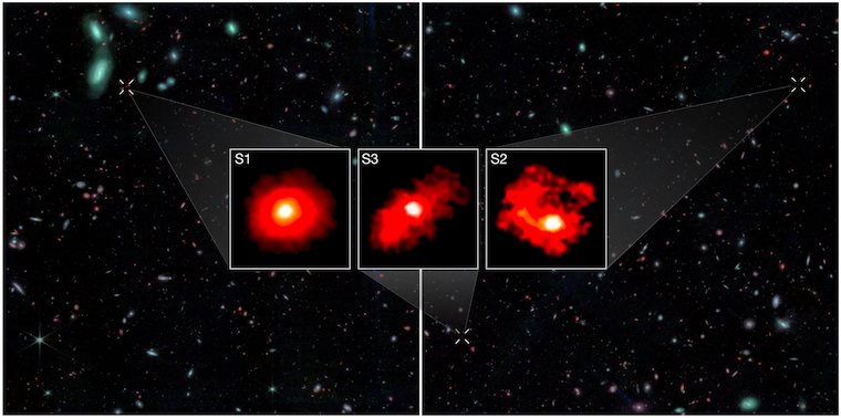 Telescope images of ultra-massive galaxies in red