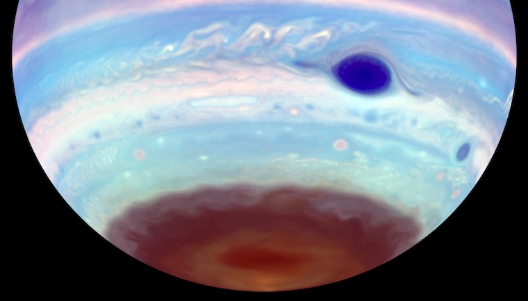 False-colored view of Jupiter observed in UV light