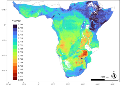 African continent geographically color coded according to predicted Sr isotope ratios