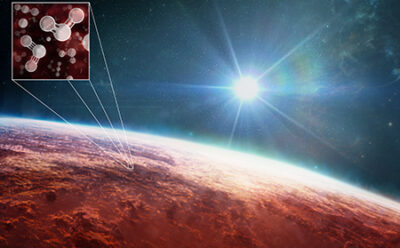 Artistic rendering of red surface of exoplanet WASP-39b reflecting light from a star, with inset image of molecules thought to be in the atmosphere.