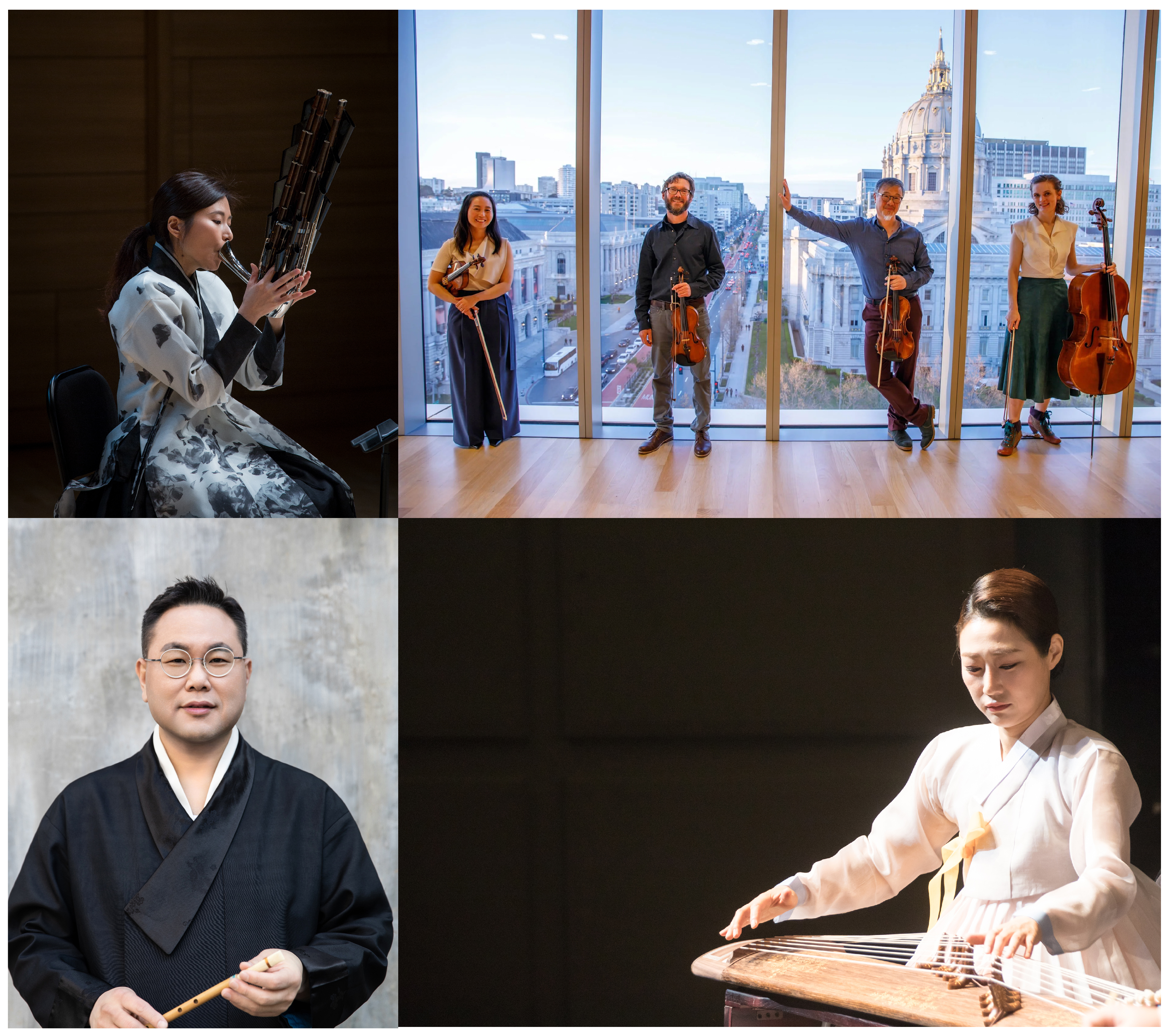 Composite image of musicians with traditional Korean and Western string instruments