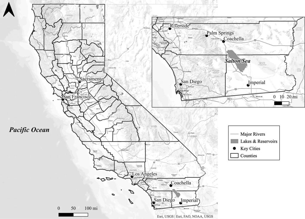 Map of California highlighting counties, rivers, and key cities, with an inset focusing on the Salton Sea region in Riverside and Imperial Counties, labeled as Lithium Valley.