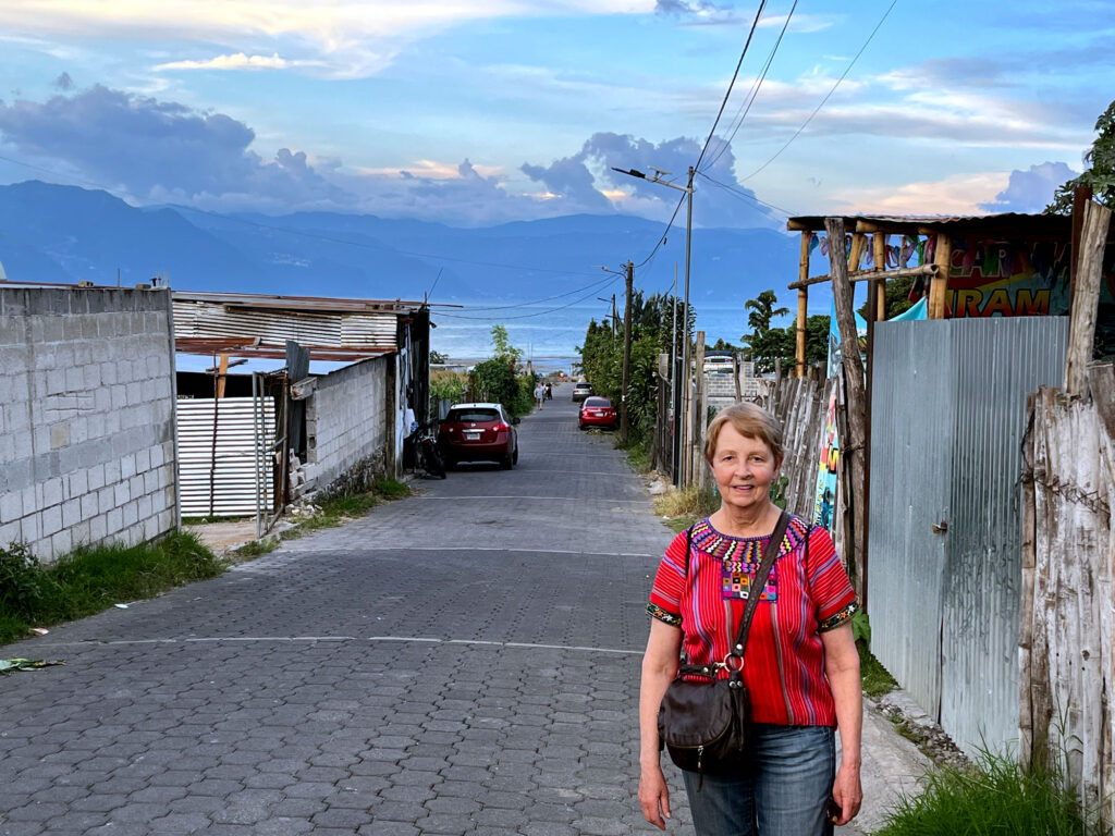 Barbara Rogoff posed for a photo on the street leading to Lake Atitlán.