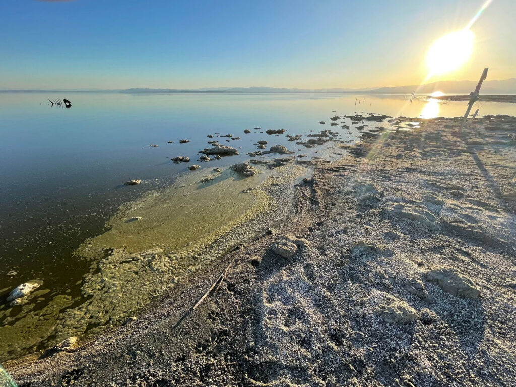 Photo of Salton Sea in the middle of the desert.