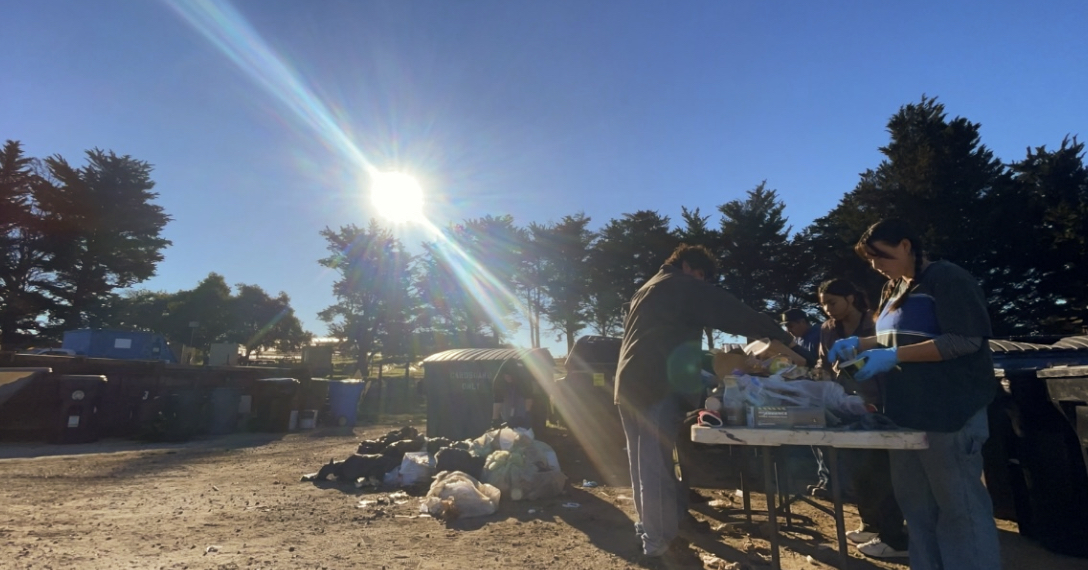 Students performing a waste audit outside.