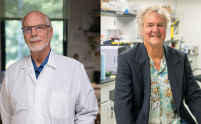 On left portrait of David Deamer, on right portrait of David Haussler