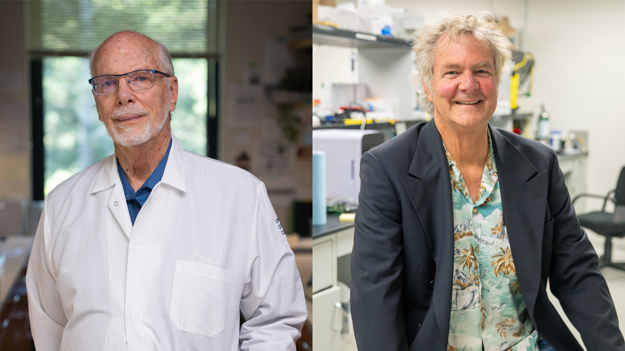 On left portrait of David Deamer, on right portrait of David Haussler