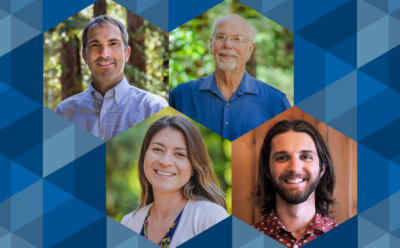 Portraits of Holger Schmidt, David Deamer, Marcella Gomez, and Ash Robbins on a blue decorative background.