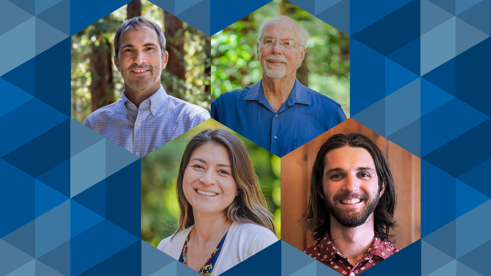 Portraits of Holger Schmidt, David Deamer, Marcella Gomez, and Ash Robbins on a blue decorative background.