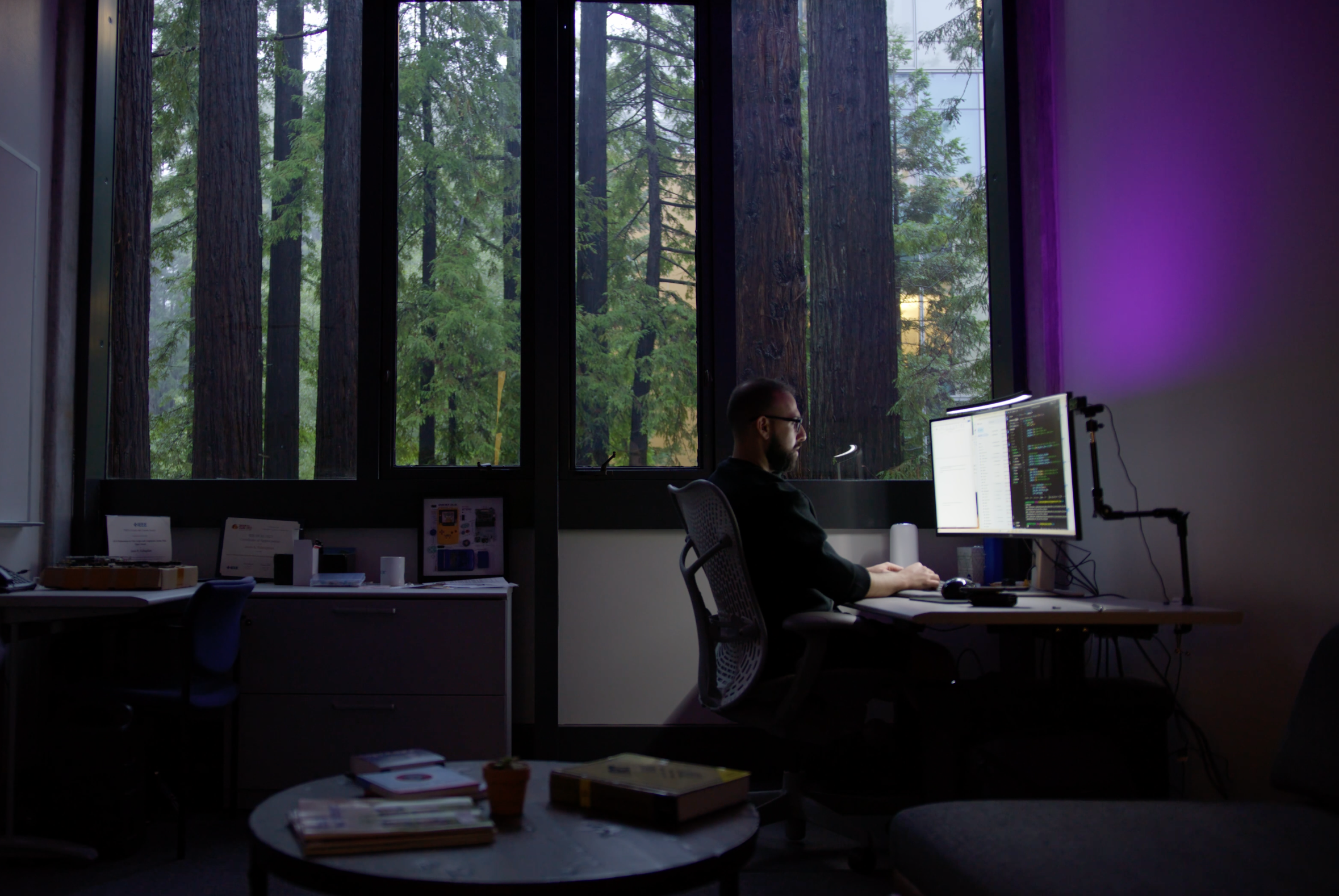 Man sits coding at computer in darkened room, redwood trees visible through window in background