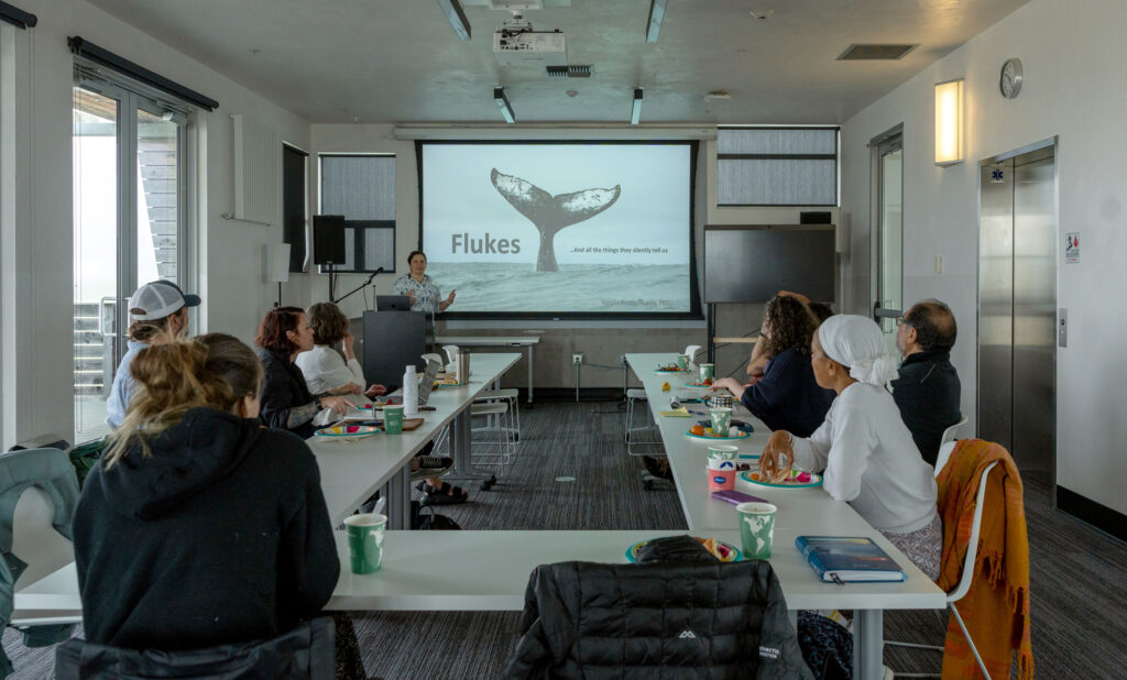 Group of people seated at tables watch a presentation featuring a whale tail image titled “Flukes” in a conference room.