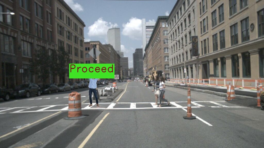City street background, dark red text on green background reads "proceed"