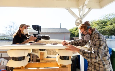 Ben Judkins films Taylor Lane creating the surfboard made of cigarettes