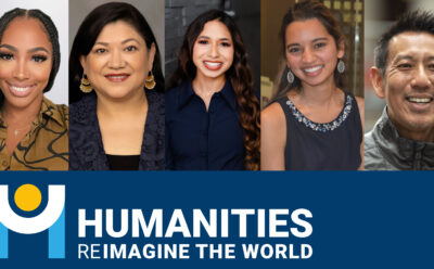 Pictures of the five people featured in the video with the Humanities Division logo.