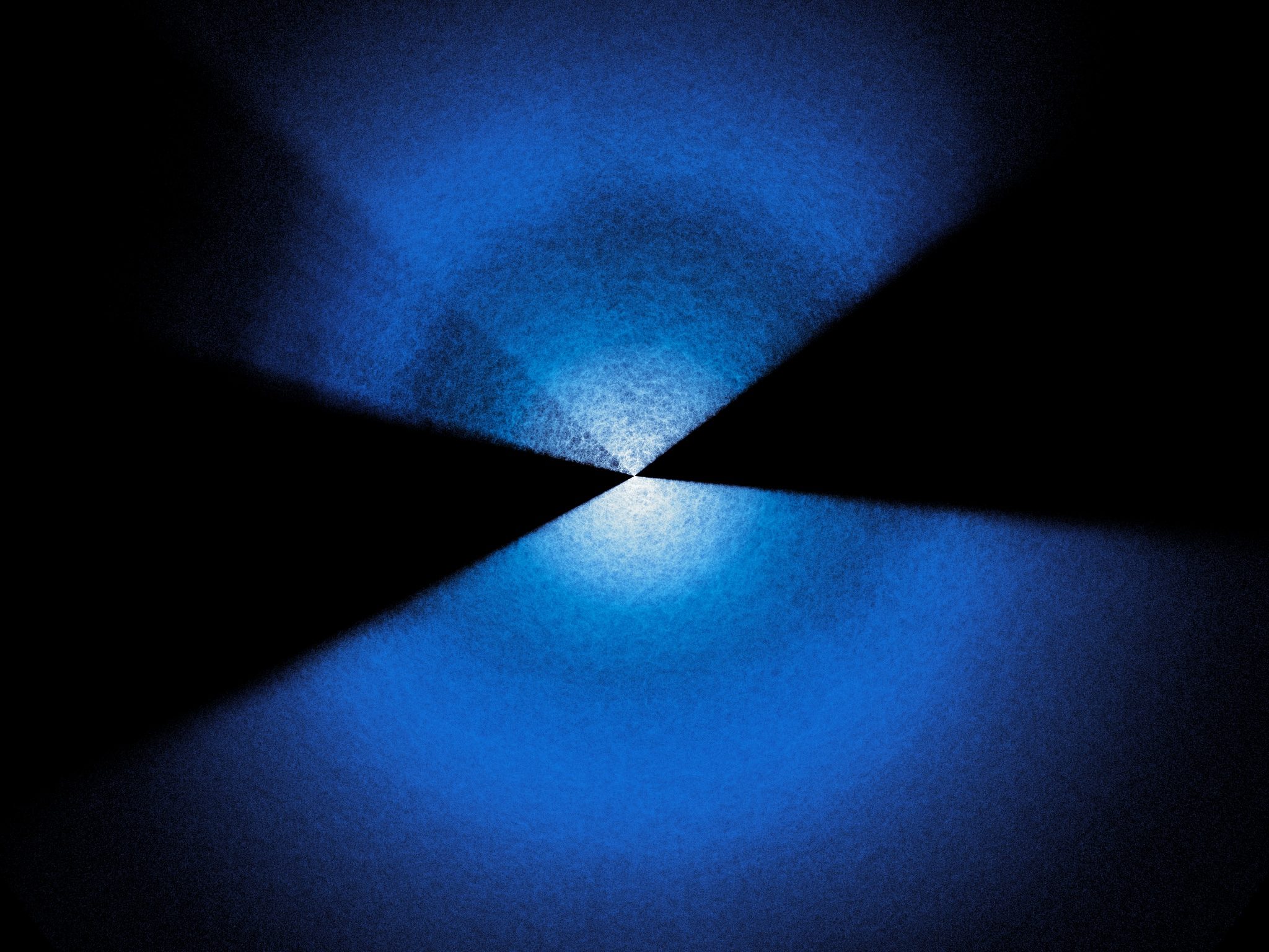 Two fans of blue and white dots extending up and down from center on black background