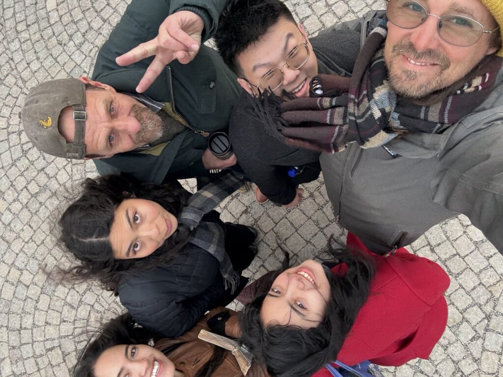 Dave Shaw takes a selfie with the five students who went on the trip to Sweden.