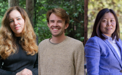 portraits of professors Vanessa Jonsson, Jaron Mercer, and Aiming Yan