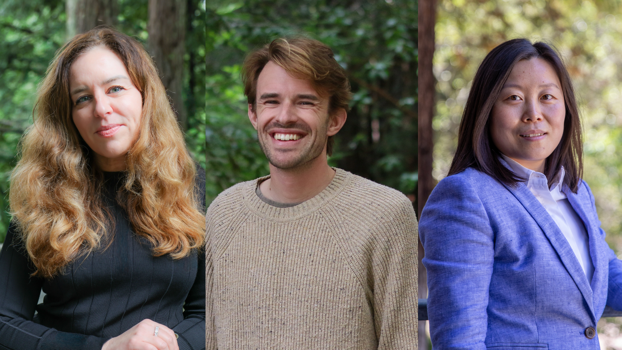 portraits of professors Vanessa Jonsson, Jaron Mercer, and Aiming Yan