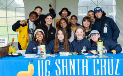 Students and staff greet admitted students during Banana Slug Day.