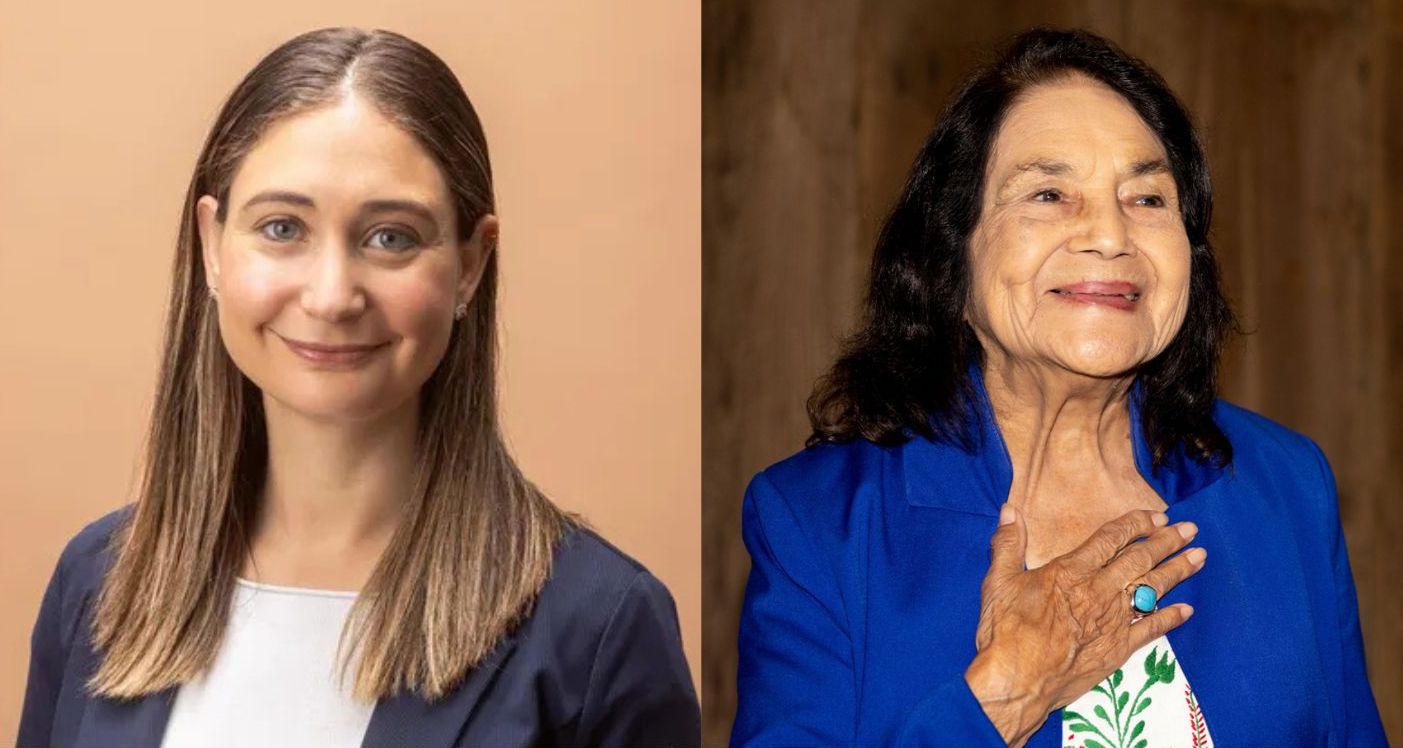 Collage of photo of Daniela Amodei and photo of Dolores Huerta.