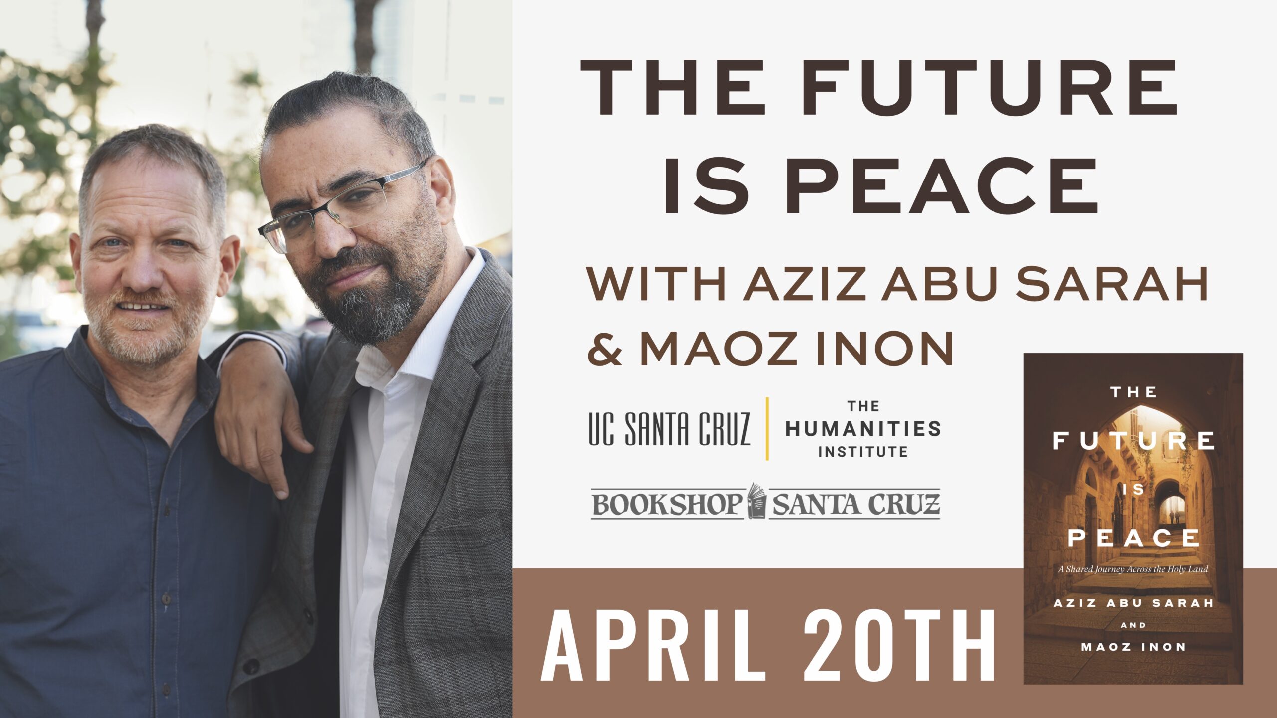 Graphic with a photo of the two speakers and the book cover.