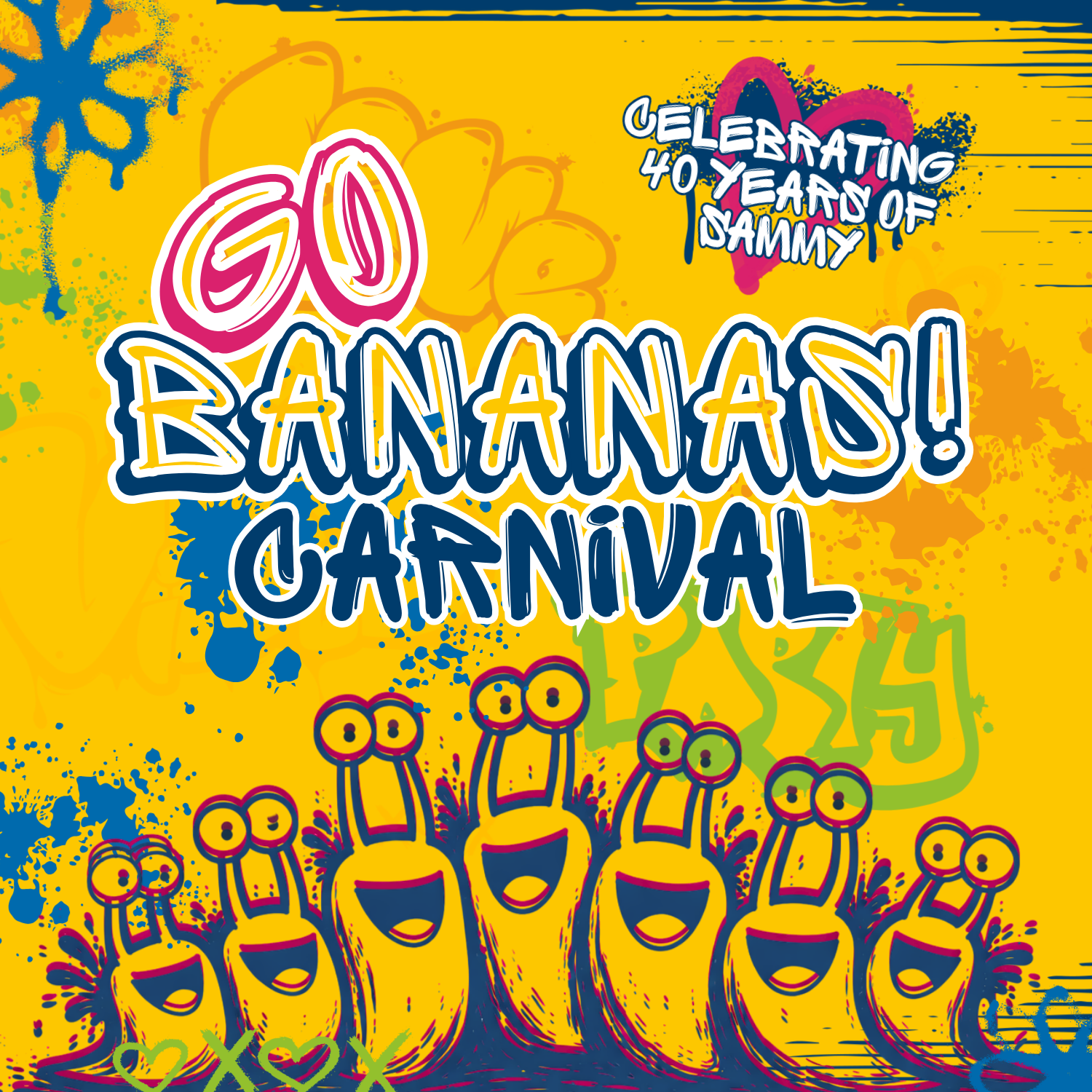 “Go Bananas Carnival” graphic with vibrant colors, banana slugs, and 40-year celebration text.