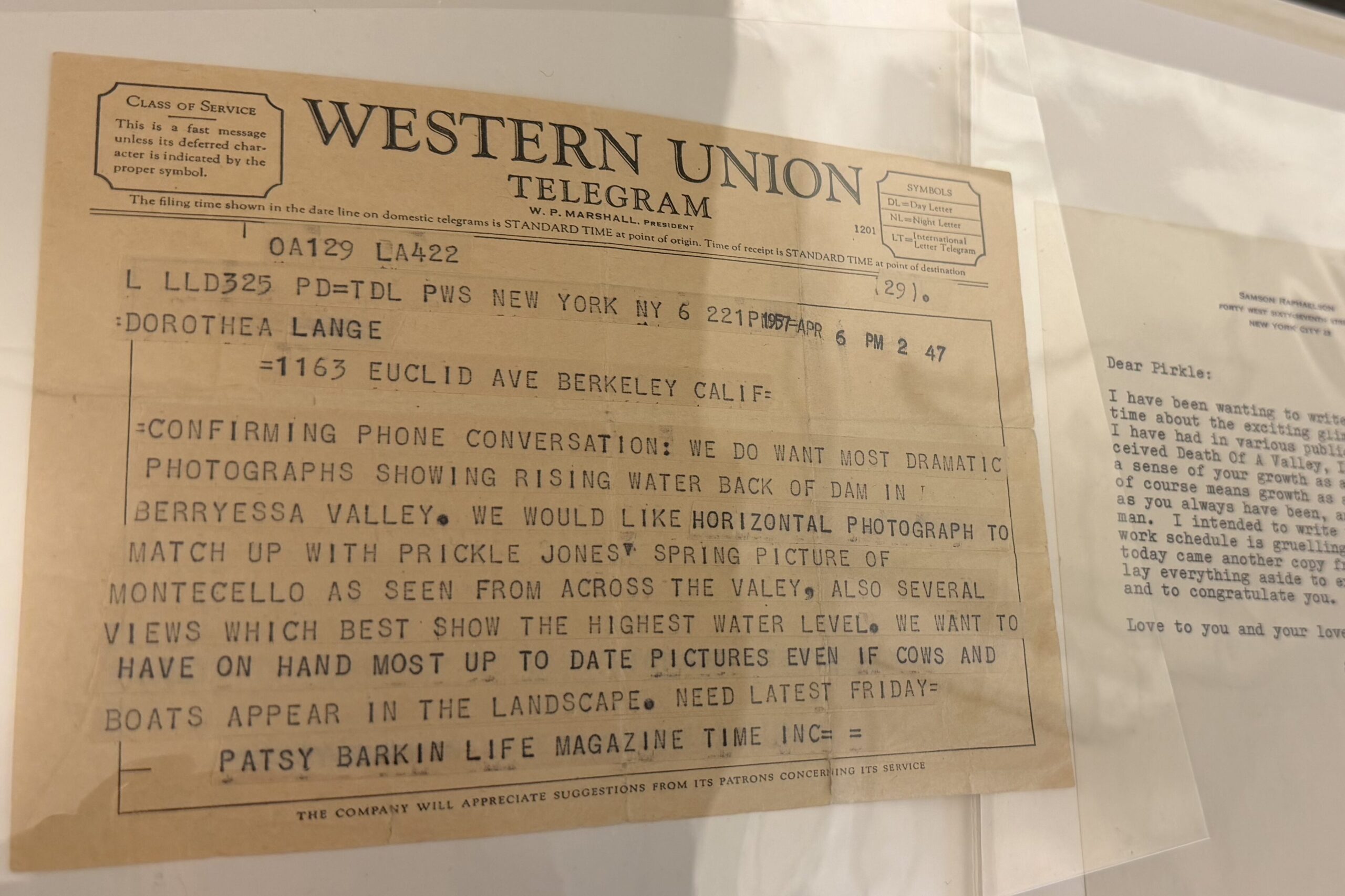 A Western Union telegram sent to Dorothea Lange from Life magazine. 