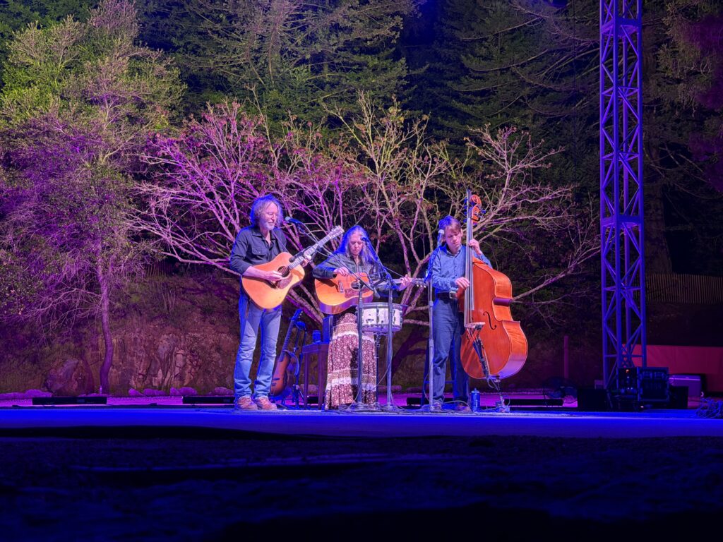 David Rawlings, Gillian Welch, and Paul Kowert playing instruments on stage