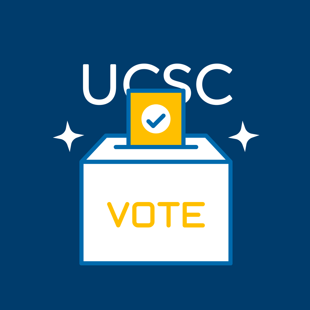 UC Santa Cruz vote graphic with ballot box and checkmark icon.