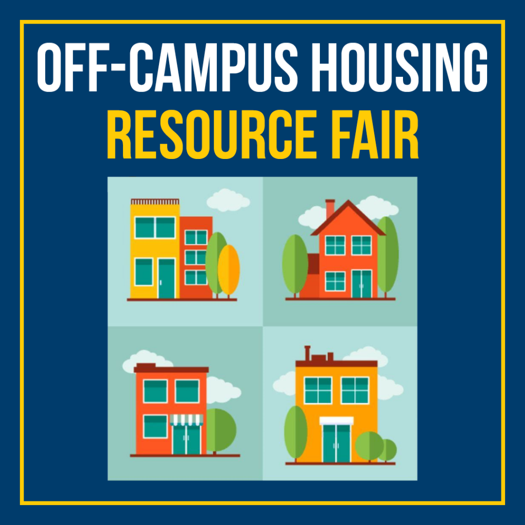 Graphic reading “Off-Campus Housing Resource Fair” with illustrations of different apartment and house styles.