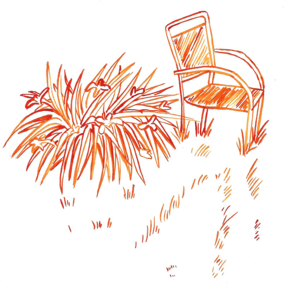 Illustration of an empty lawn chair, some grass, and a bush