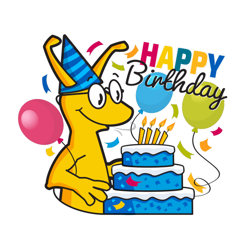 Cartoon banana slug wearing a party hat next to a birthday cake with candles, balloons, and “Happy Birthday” text.