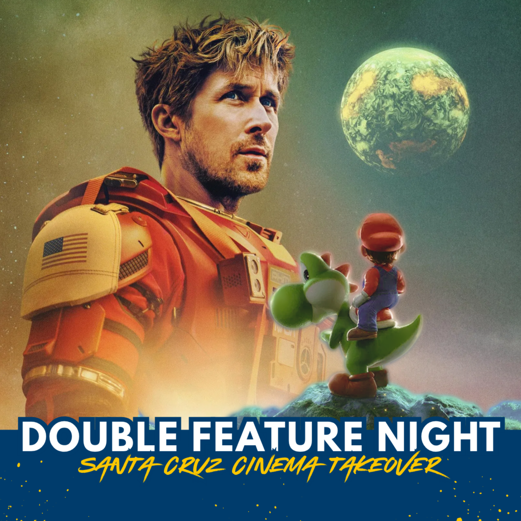 Astronaut and Mario riding Yoshi under planet, promoting “Double Feature Night” cinema event.