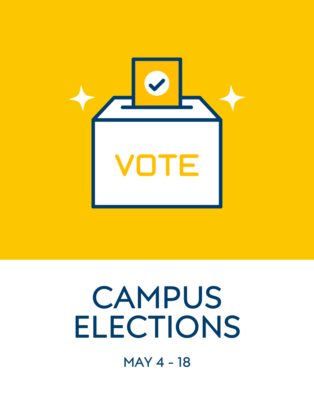 Graphic of a ballot being placed into a voting box on a yellow background, with text reading: "Campus Elections, May 4–18"
