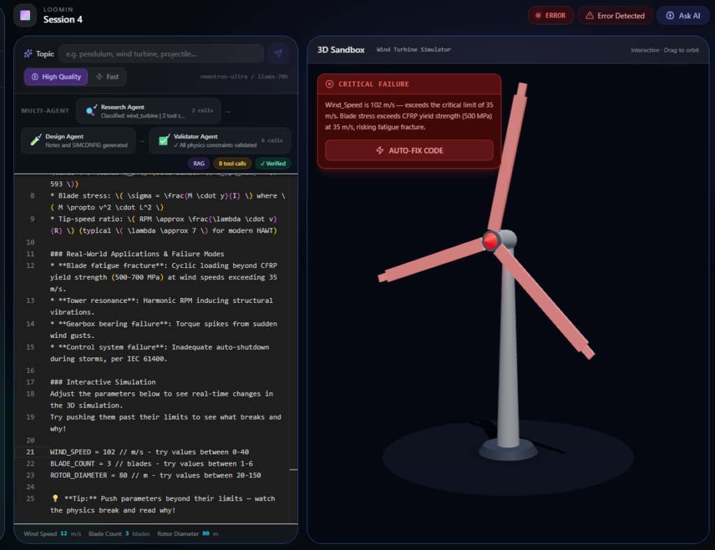 Screenshot from Loomin tool shows code interface on left and visual of wind turbine on right 