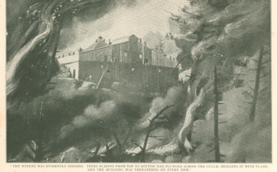 An illustration of a building on fire. Text at the bottom of the illustration reads "THE WINERY WAS EIDENTLY DOOMED TREES BLAZING FROM TOP TO BOTTOM HAD PLUNGED ACROSS THE GULCH, BRIDGING IT WITH FLAME. AND THE BUILDING WAS THREATENED ON EVERY SIDE"