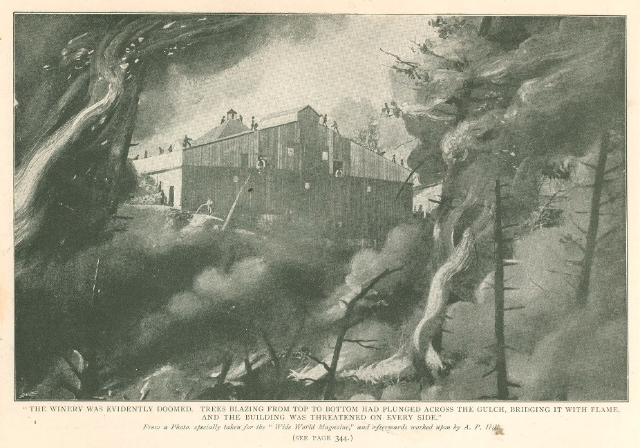 An illustration of a building on fire. Text at the bottom of the illustration reads "THE WINERY WAS EIDENTLY DOOMED TREES BLAZING FROM TOP TO BOTTOM HAD PLUNGED ACROSS THE GULCH, BRIDGING IT WITH FLAME. AND THE BUILDING WAS THREATENED ON EVERY SIDE"
