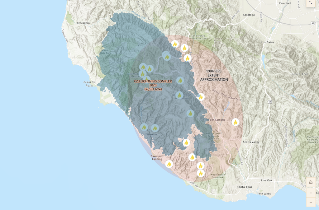 A map of the Santa Cruz region shows the outlines of the CZU fires and a 1904 fire, with footprints of a similar size and location