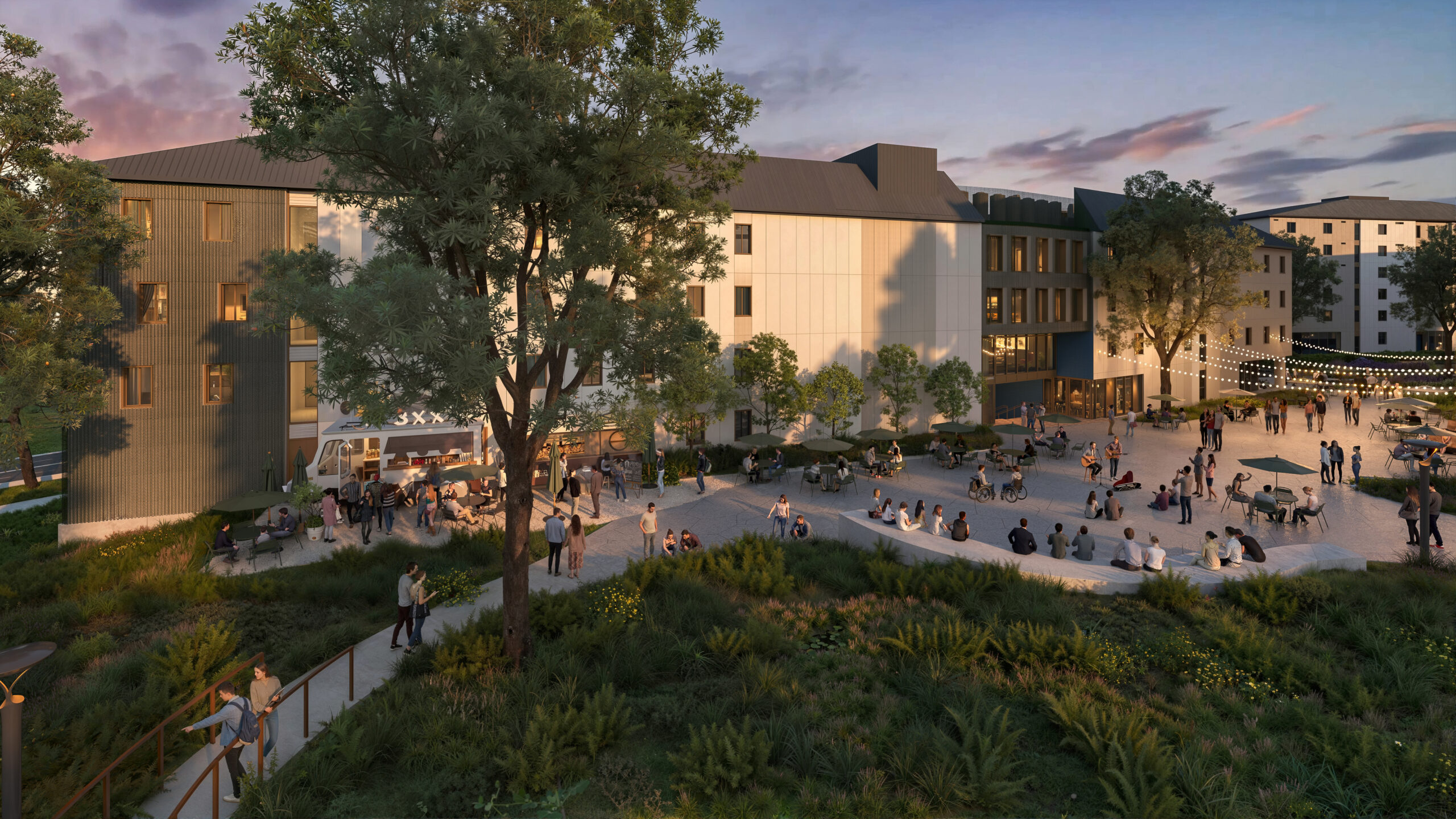 Rendering showing people in a courtyard with a building in the background.