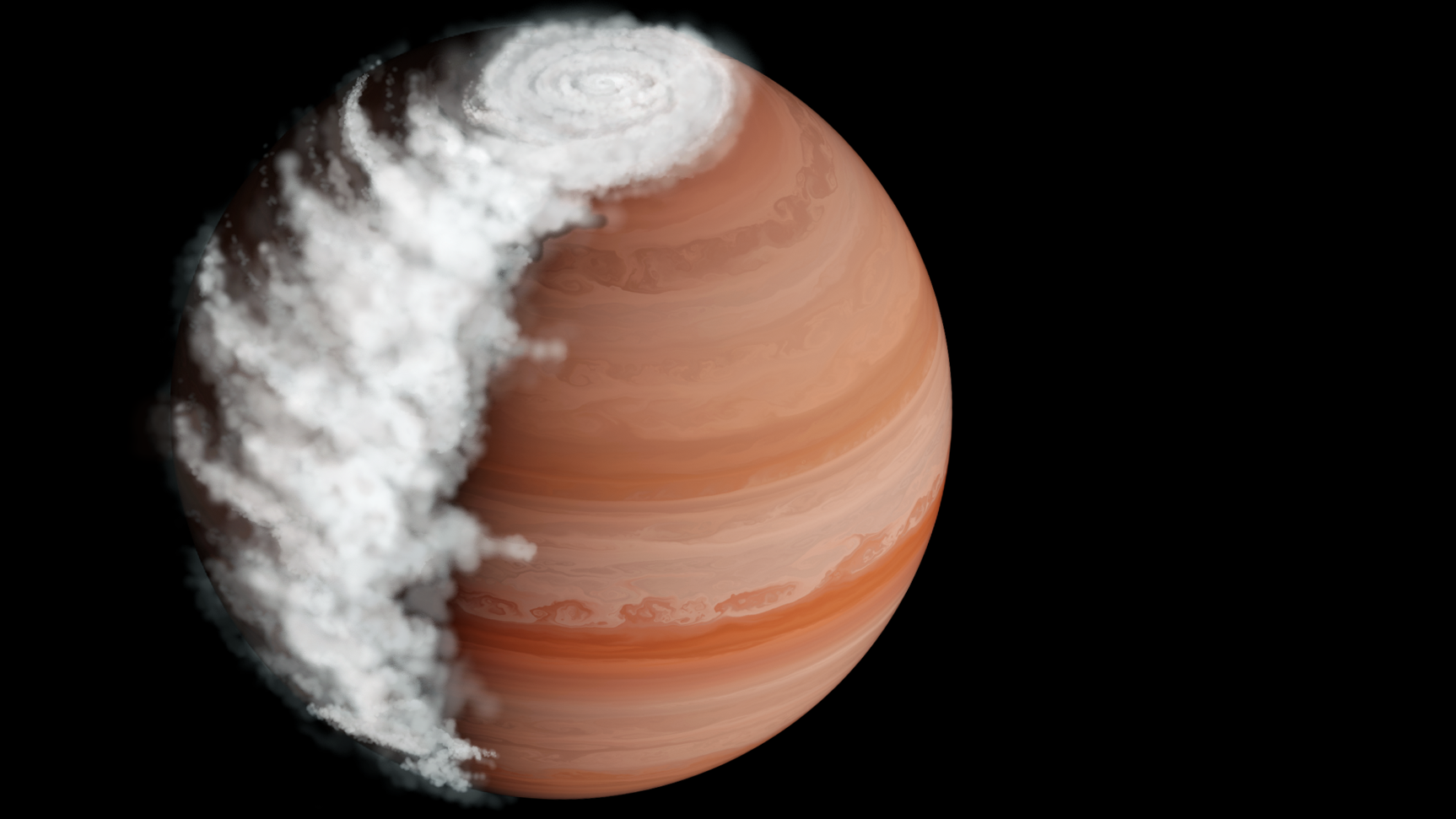 Illustration of planet with dark side covered by thick white clouds