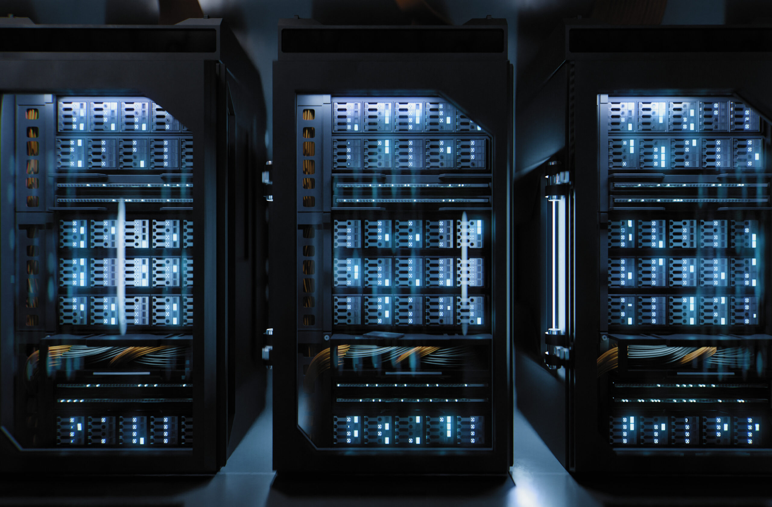 A large hallway with supercomputers inside a server room data center