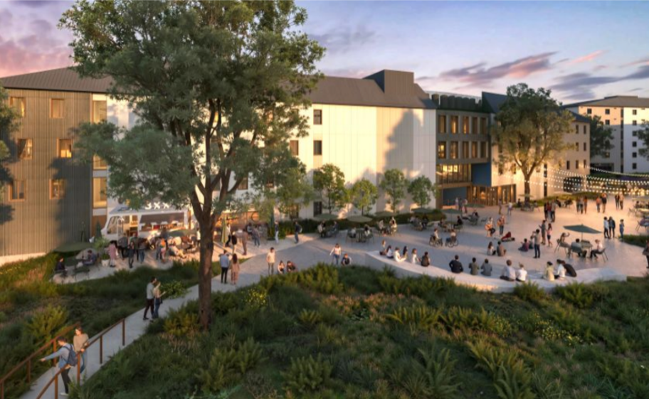 Rendering showing people in a courtyard with a building in the background.