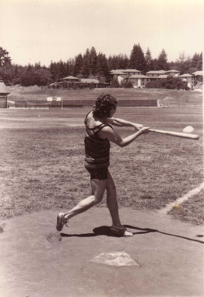 Gleason hitting baseball at UCSC east field in 1970