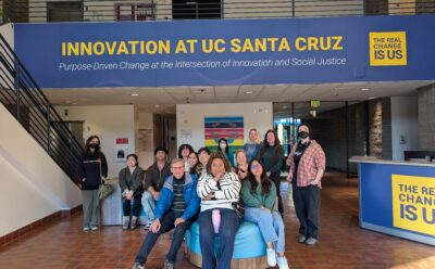 A group of Berkeley City College students in an academic building at UC Santa Cruz.