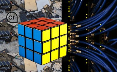 A Rubik’s cube displays blue, red, and yellow sides, with a LinkedIn 'cr' AI-generation icon nearby. The background is divided between discarded electronic waste on a street and data centre cables, some connecting to the cube.