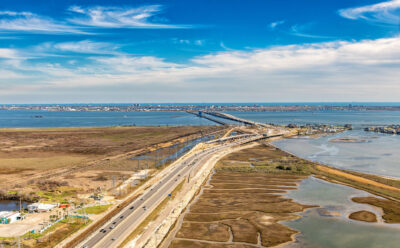 Interstate 45, known as the Galveston Causeway crossing Galveston Bay located south of Houston, Texas shot via helicopter from an altitude of about 800 feet.