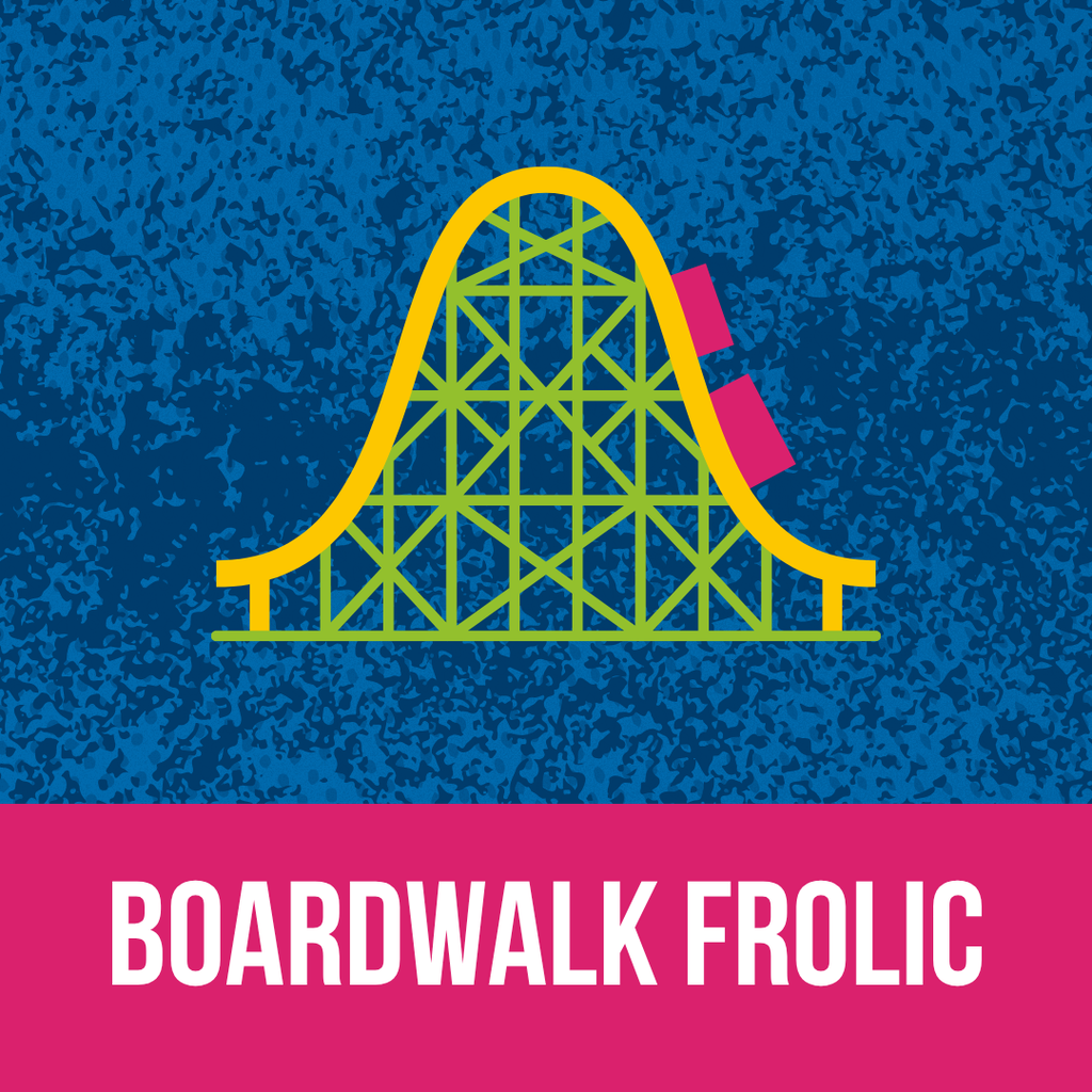 Graphic featuring a colorful roller coaster against a textured blue background, with the words “Boardwalk Frolic” below.